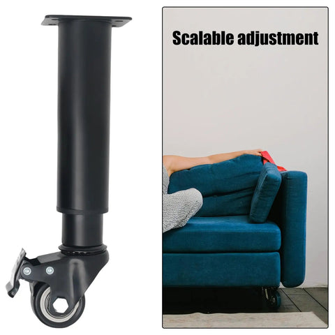 Heavy Duty Metal Adjustable Furniture Legs With Casters For Smooth Rolling No Fuss Coffee Table Legs And Cabinet Hardware Replacement Four Piece Set shown on blue sofa
