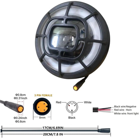 Fat Tire E Bikes LED Headlight With 3 Pin Waterproof Connector And 80 To 100 DB Horn Bright Front Light For 36V 48V E Bikes High Intensity LED Beam 83 To 127 Lux Safe Night Riding Durable Bicycle Front Lamp