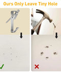 Comparison of Heavy Duty Picture Hanging Kit With 50 Pcs Hooks And Nails showing small versus large wall holes after removal