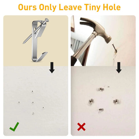 Comparison of Heavy Duty Picture Hanging Kit With 50 Pcs Hooks And Nails showing small versus large wall holes after removal