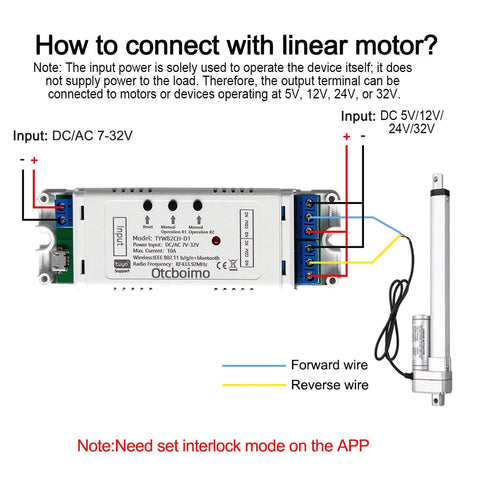 Tuya-compatible WiFi smart linear actuator motor controller with forward/reverse relay and DC 5–32V input in metal housing