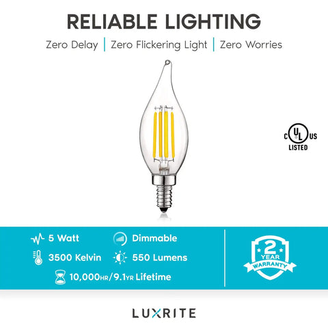 Vintage Style LED Candelabra Bulbs 60W Equivalent, 550 Lumens, 3500K Natural White, Flame Tip Clear Glass Filament, Dimmable
