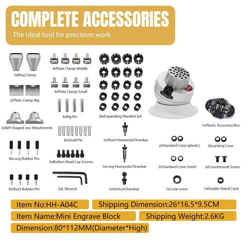 Heavy Duty 3 Inch Engravers Ball Vise With Full Set Attachments complete accessory kit with clamps and mandrels for precision work.