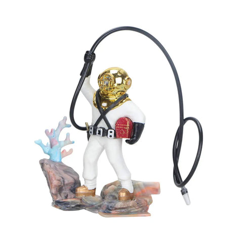 Scuba Diver Fish Tank Decoration Vibe Resin Bubbler Ornament with Suction Cup Air Pump for Aquariums, gold helmet, coral detail.