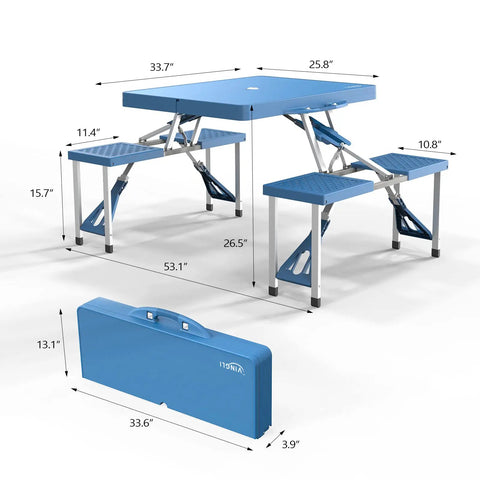4 Ft Folding Picnic Table Set With 4 Seats And Umbrella Hole Lightweight Aluminum Frame Plastic Top in blue shown folded and unfolded