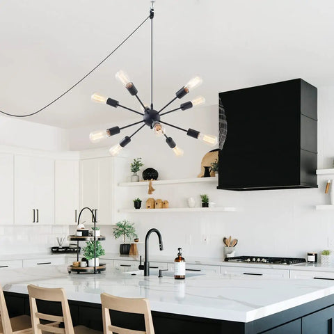 Room with Sputnik Style Plug In Pendant Chandelier With 10 Lights And 16.4 Ft Cord On Off Switch For Dining Room Living Room Kitchen Island 3 Way Install Mid Century Modern Industrial Lighting.