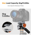 Travel Ready Compact Fluid Head For Tripods With Pan And Tilt Arca Swiss Compatible, showcasing camera mounted and load capacity.
