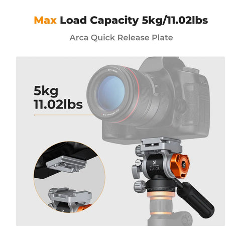 Travel Ready Compact Fluid Head For Tripods With Pan And Tilt Arca Swiss Compatible, showcasing camera mounted and load capacity.