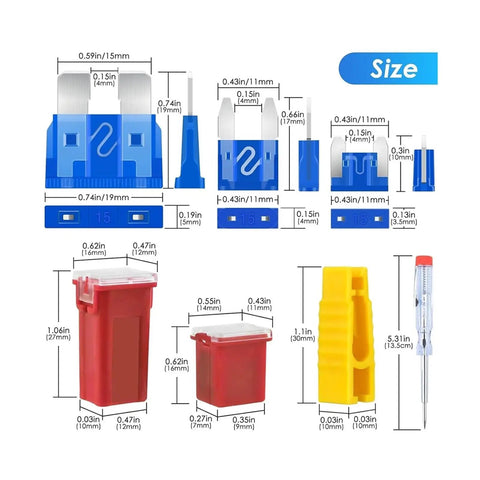304 Piece Car Fuse Kit With Standard Mini Carblade Fuses, Low High Profile Box Fuses, And A Handy Fuse Puller with size labels