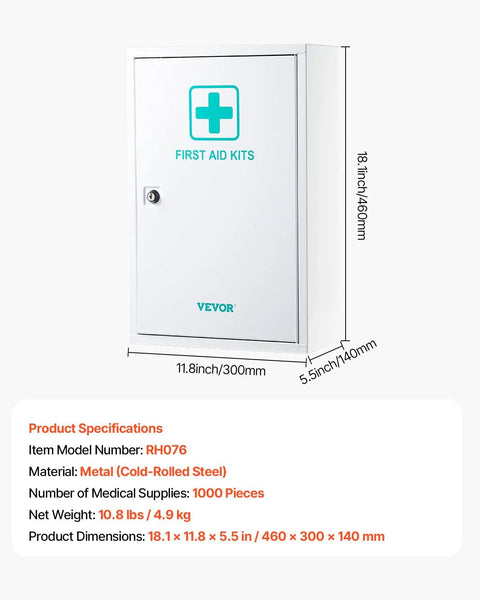 Front view of metal VEVOR 3-shelf wall-mounted first aid cabinet with turquoise cross logo and lock, 18.1x11.8x5.5 in