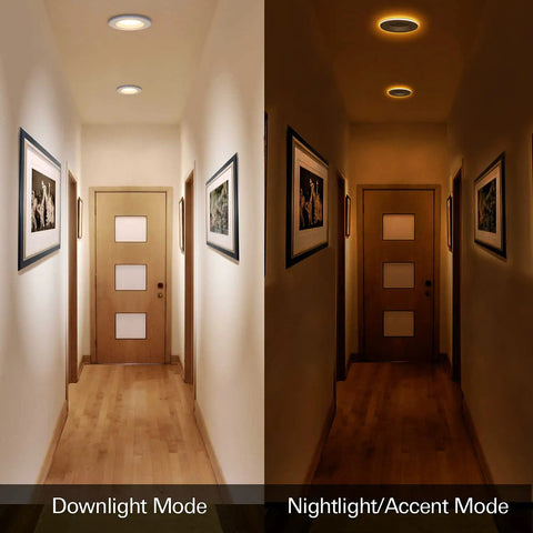 12 Pack 4 Inch LED Can Lights With Night Light in hallway, downlight mode left, nightlight mode right, showcasing illumination effects