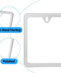 Close-up of Slick Stainless Steel License Plate Frame Slim Style Two Hole Mount Polished Finish Flat Plate Holder corner detail