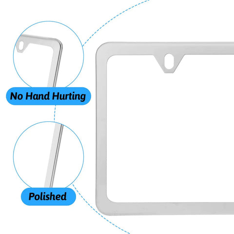 Close-up of Slick Stainless Steel License Plate Frame Slim Style Two Hole Mount Polished Finish Flat Plate Holder corner detail
