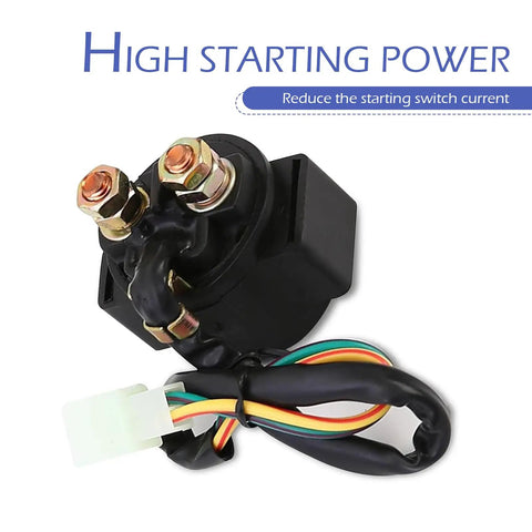 Heavy Duty 12 Volt Starter Solenoid Relay Switch For Universal Motorcycle Scooter Upgrade Rock Solid Electrical Harness in black with wiring.