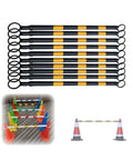 10 Pack Retractable Traffic Cone Bar Adjustable Safety Barricade For Road Construction And Crowd Control No Sweat Setup Boss Level Yellow Black High Visibility Gear in a row with loops.