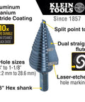 Step Drill Bit With Aluminum Titanium Nitride Coating For Long Lasting Durability showing size, split point, and hex shank details