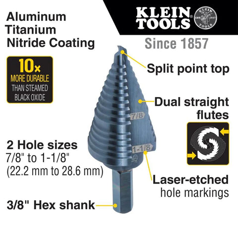 Step Drill Bit With Aluminum Titanium Nitride Coating For Long Lasting Durability showing size, split point, and hex shank details