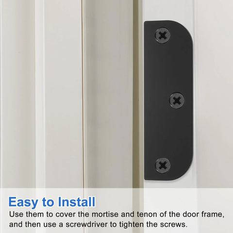 uxcell hinge filler plate, 3.5 in, black metal with screws installed on a white door edge