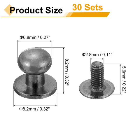 Product size diagram of Snag These Badass Chicago Screws To Upgrade Your Leather Game Pack Of 30 Metallic Black Round Head Button Stud Rivets.