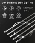 Close-up of Built Tough Heavy Duty Metal Zip Tie Tool Kit with 100 stainless steel ties, showing heat resistance and tensile strength icons.