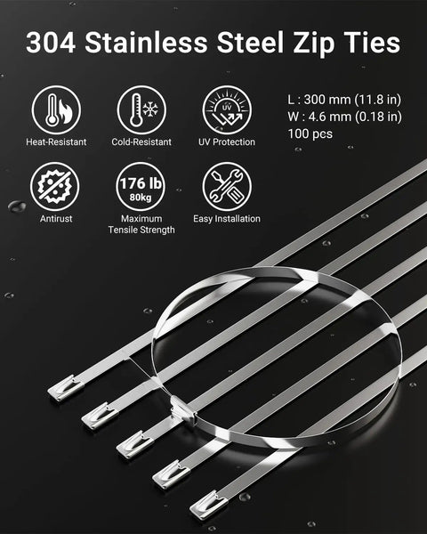 Close-up of Built Tough Heavy Duty Metal Zip Tie Tool Kit with 100 stainless steel ties, showing heat resistance and tensile strength icons.