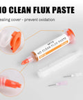 No Clean Solder Flux Paste For Electronics 30 Ml With Pneumatic Dispenser Plunger And Dispensing Tip Delivers Strong Bonds Low Smoke Quick Wetting Ideal For Precise Soldering, syringe with cap and tip details