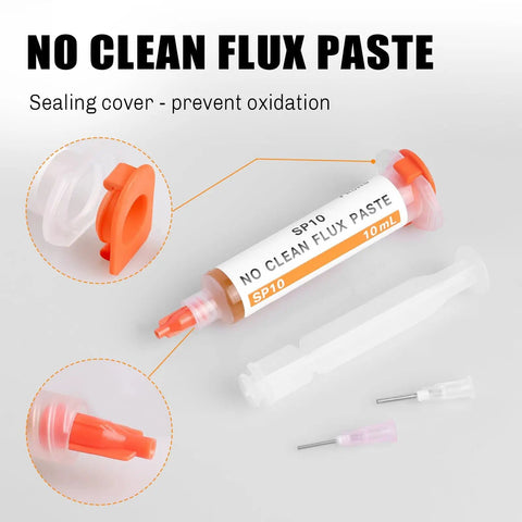 No Clean Solder Flux Paste For Electronics 30 Ml With Pneumatic Dispenser Plunger And Dispensing Tip Delivers Strong Bonds Low Smoke Quick Wetting Ideal For Precise Soldering, syringe with cap and tip details