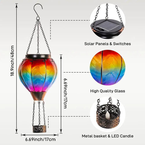 Hot Air Balloon Solar Lantern With Candle Holder Lit Flickering Flame Hanging Outdoor Garden Light Weatherproof Glass Lantern