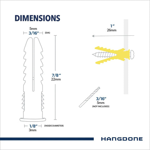 Diagram of Ribbed Wall Anchor Kit For Drywall And Concrete 100 Pack Yellow Nylon Anchors With Screws Included Seven Eighths Inch Length