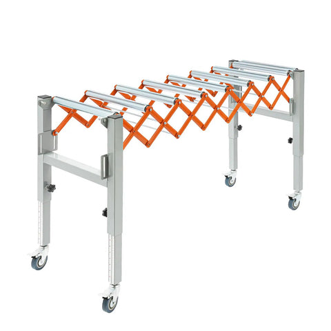 Versatile Adjustable Roller Conveyor Stand With Expandable Gravity Table For Moving Heavy Oak Or Plywood 110 Lbs Capacity Flexibility on wheels.