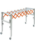 Heavy Duty Adjustable Conveyor Roller Table With 110 Lbs Capacity And 17 Inch Wide Belt For Woodworking Planer on wheels, orange accents.