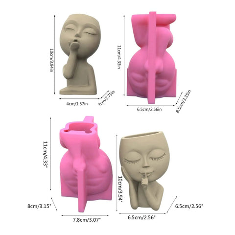 Two Piece Girl Head Planter Molds For Pots Made From Concrete And Silicone Face Portrait Sculpture Planter For Succulents Indoor Outdoor Home Garden Decor Balcony Patio Yard, showing pink and beige molds.