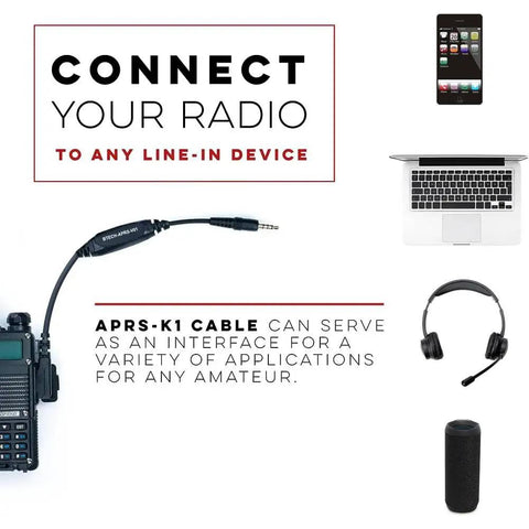 APRS-K1 Multi Function Universal Audio Interface Cable For Radios And Apps Android And iOS with connected devices.