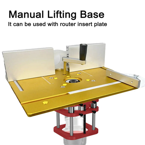 Rock Solid Router Base With Aluminum Alloy Frame And Stainless Steel 4 Jaw Clamping System Lifting Router Table Base With 51mm Stroke For Woodworking Trimming And Carving Machines Precision Easy Setup manual lifting base with router insert plate