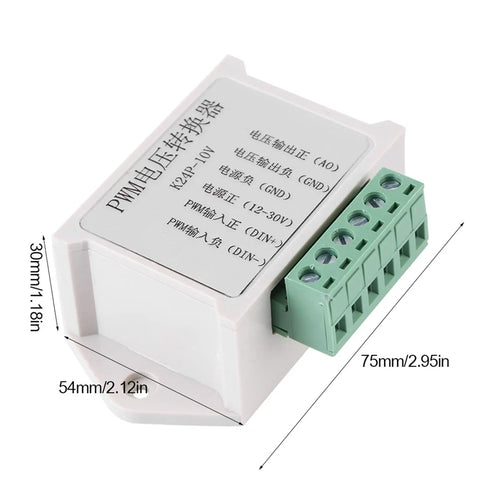 PWM To Analog Converter Module For PLCs And Industrial Control Boards Digital To Analog Voltage Converter Adapter 24V Input With Reverse Polarity Protection Easy Interface Switch Between Chips White Housing, dimensions shown