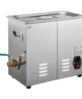 Top Shelf Ultrasonic Cleaner Featuring A Rock Solid 6 Liter Stainless Steel Tank And 200 Watt 40 Khz Heating Function side view showcasing brass connection.