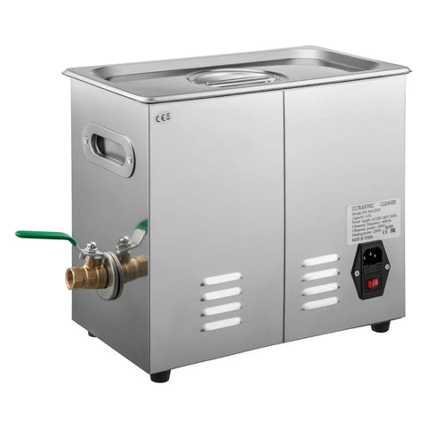 Top Shelf Ultrasonic Cleaner Featuring A Rock Solid 6 Liter Stainless Steel Tank And 200 Watt 40 Khz Heating Function side view showcasing brass connection.