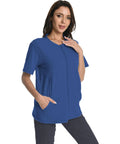 Person wearing Cozy Post Surgery Mastectomy Shirt With Drain Pockets For Recovery Breathable Cotton Blend Easy Care Short Sleeve Camisole In Royal Blue