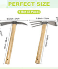 2 Piece Garden Hoe Tools Set With 15 Inch Carbon Steel Cultivator Hand Tiller And Hand Pick Axe showing size dimensions