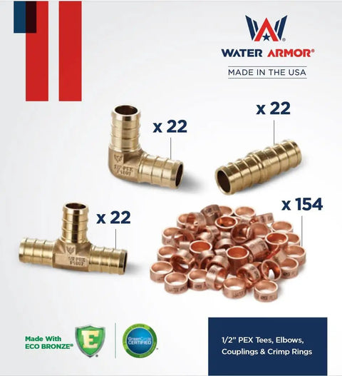 Half Inch PEX Fittings Bundle 220 Pack With 22 Elbows 22 Tees 22 Couplings And 154 Crimp Rings for PEX plumbing connections