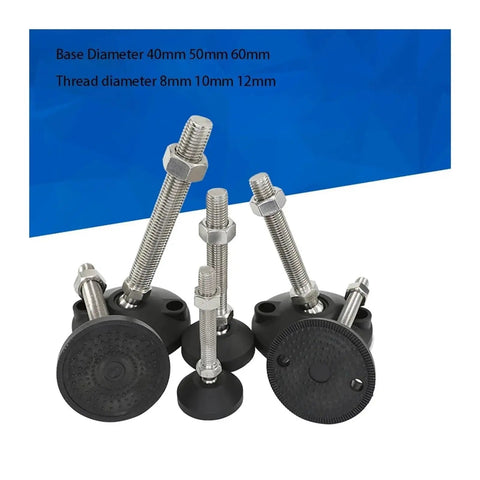 Heavy Duty Adjustable Leveling Feet With Swivel Base For Furniture And Shop Equipment, M8 M10 M12 threads, 60mm diameter.