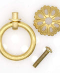 Set Of 6 Vintage Gold Brass Ring Pulls With Hollow Dome Base Flower Like Design For Cabinets Solid Brass Hardware Retro Golden Style Durable Anti Rust Ring Size 1.4 Inches (3.5 Cm) showing ring, backplate, and screw.