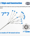 Heavy Duty Stainless Steel Aircraft Cable Wire Rope One Eighth Inch For Outdoor Lights And Sun Shade Tent Installations Garden Hanging Kit Rust Resistant And Wind Tough 10m To 100m Lengths Ready To String shown in 7x7 construction diagram with 49 steel wires detail.