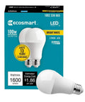 Product box and two Ecosmart bulbs for 8-Pack LED Dimmable A19 Light Bulbs, 1680 Lumens, 3000K Bright White, 15W Actual, 100W Equivalent