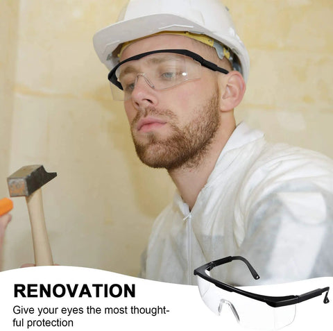 Worker wearing Anti Fog Safety Glasses with Clear Wraparound Lenses Scratch Resistant Eye Protection, using a hammer.