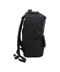 Side view of Smell Proof Executive Tech Adventure Backpack Hits Different With A Secret Combo Lock And Usb C Pass Through Port For Your Fifteen Inch Laptop In Clean Titanium Black Finish.