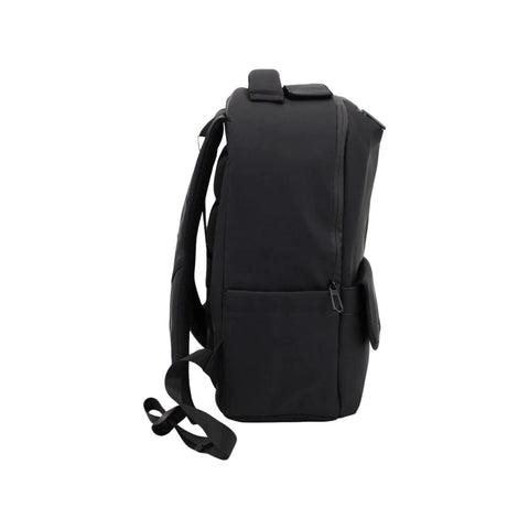 Side view of Smell Proof Executive Tech Adventure Backpack Hits Different With A Secret Combo Lock And Usb C Pass Through Port For Your Fifteen Inch Laptop In Clean Titanium Black Finish.