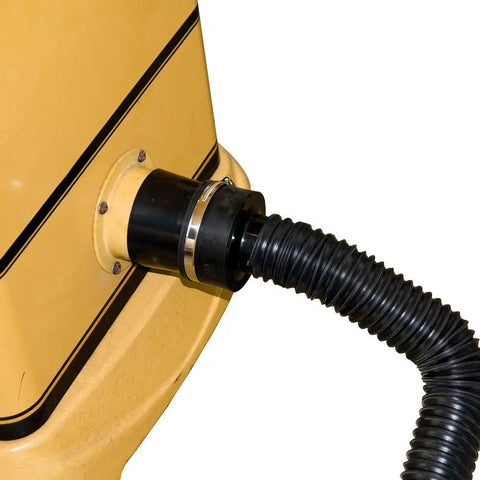 4 Inch To 2-1/4 Inch Dust Collector Reducer Adapter For Shop Vac Hoses With ABS End Rubber Boot And Steel Hose Clamp Vacuum Tool Port Fitting For Dust Collection Systems, shown connected to a dust port.