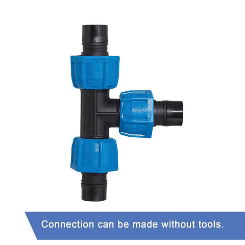 Watts ANKA 1in poly-pipe tee, black glass-fiber reinforced nylon body with blue tapered-nut seals for irrigation.