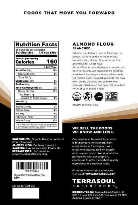 Back of Organic Almond Flour Fine Texture 2 Lbs Pack Of 2 Grain Free Gluten Free packaging showing nutrition facts.
